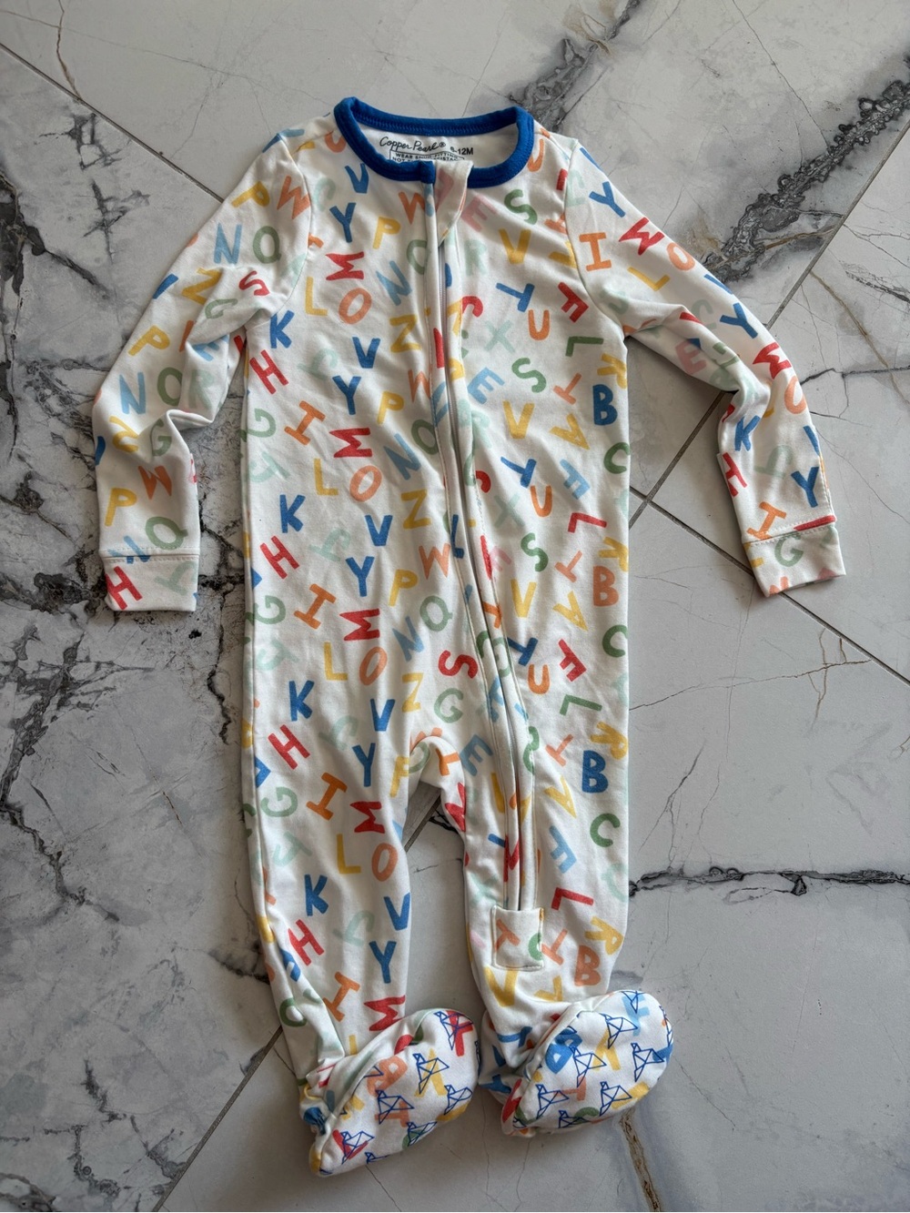 Copper Pearl Footed One-Piece with Multicolor Letter Print